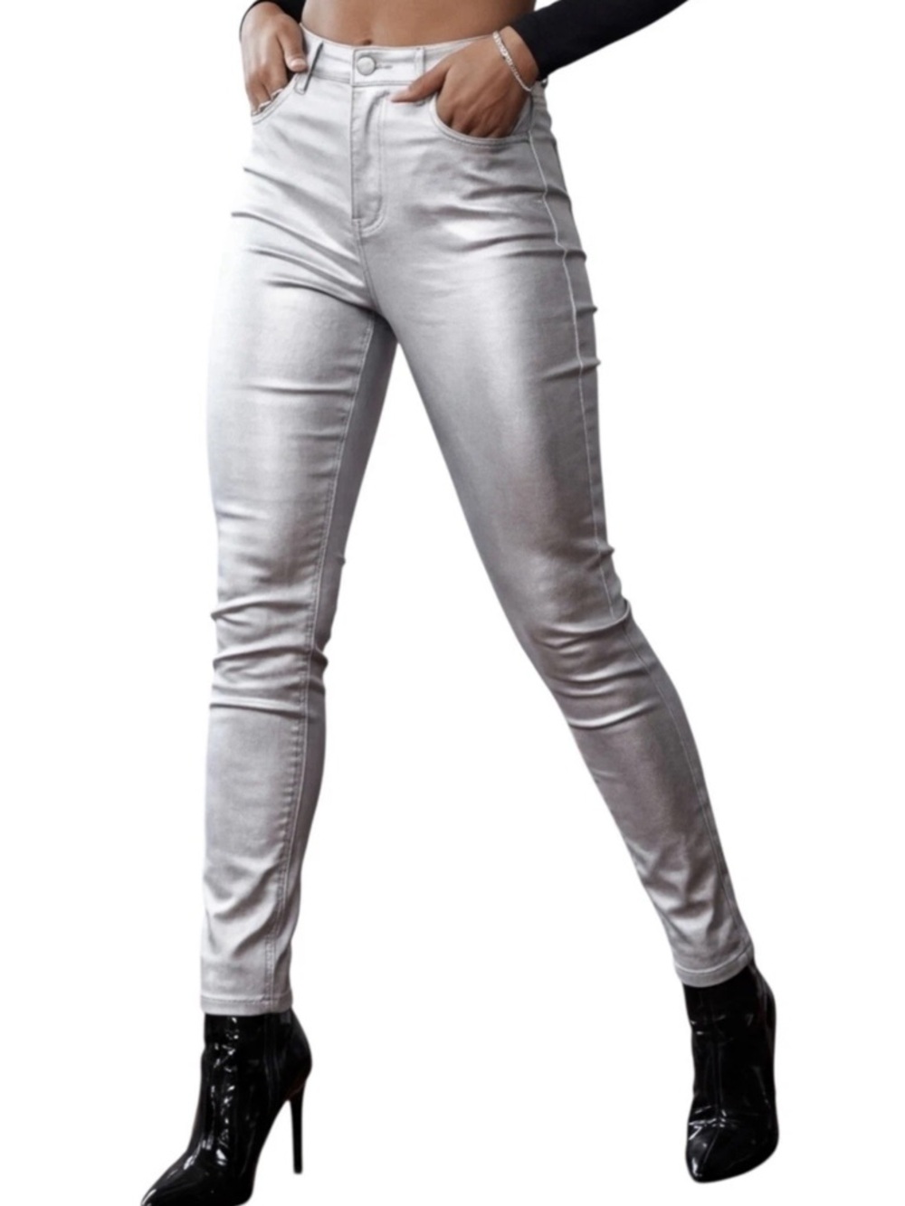 Chocolate Metallic Silver Skinny Jeans